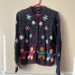 Designers Originals Festive Gray Cardigan with Gingerbread and Snowflakes